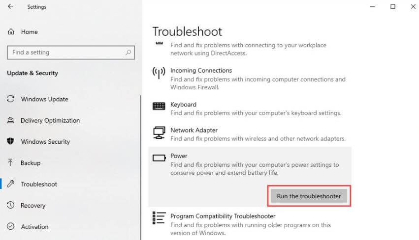 Click On Troubleshooter Option and Then Click On Power and Then Click On Run The Troubleshooter Click On Troubleshooter Option and Then Click On Power and Then Click On Run The Troubleshooter