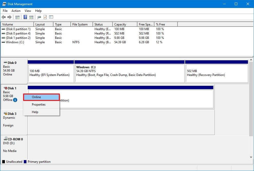 Disk Management - Online the disk Disk Management - Online the disk