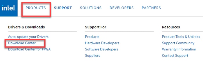Select Download Center in Products Tab in Intel Official Site