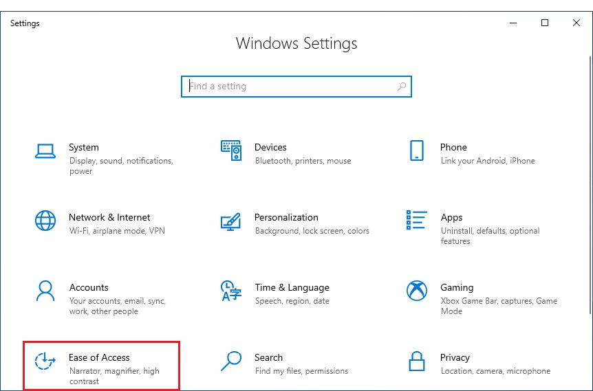 Choose Ease of Access from Windows Settings Choose Ease of Access from Windows Settings