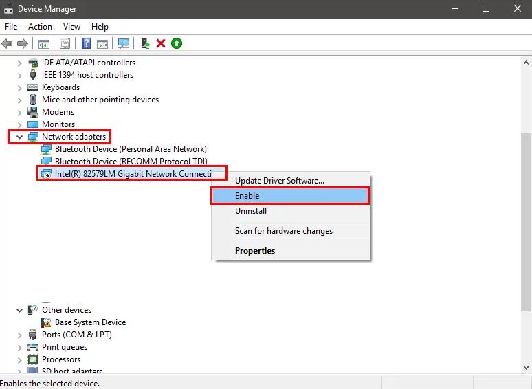 Choose The Enable Option From The Context Menu List choose the Enable option from the context menu list