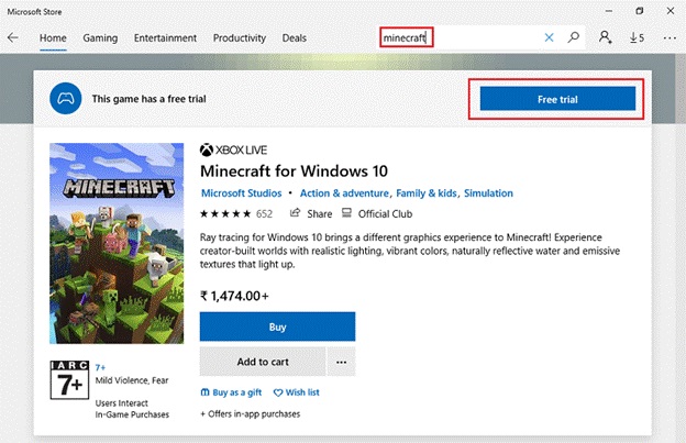 Search for Minecraft and Click on Get Search for Minecraft and Click on Get