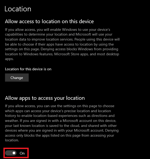 Allow apps to access your location Allow apps to access your location