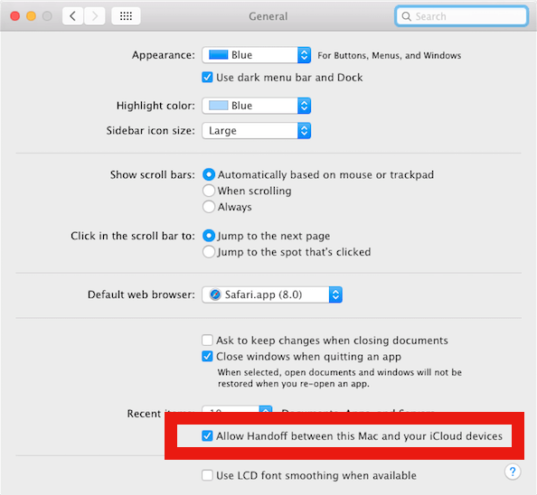 Allow Handoff between Mac and your iCloud devices Allow Handoff between Mac and your iCloud devices