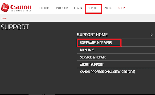 Canon SUPPORT tab and click on the SOFTWARE & DRIVERS Canon SUPPORT tab and click on the SOFTWARE & DRIVERS