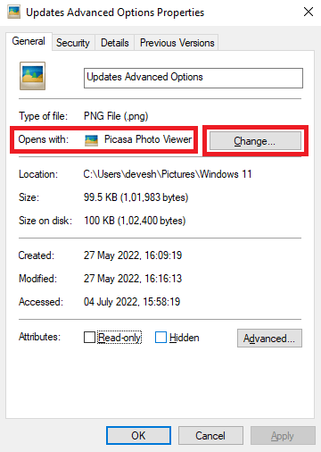 Change - Opens With section Change - Opens With section