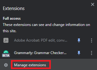 Click on Manage Extensions Click on Manage Extensions
