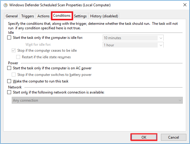 Condition Tab for Windows Defender Scheduled Task condition tab for windows defender scheduled task