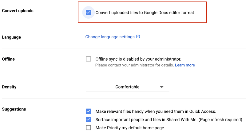 Convert uploaded files to Google Docs editor format Convert uploaded files to Google Docs editor format