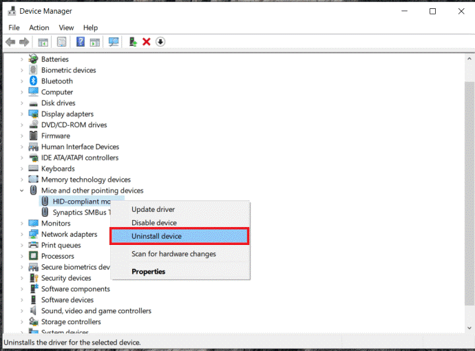 Mice and other pointing devices - Uninstall device Mice and other pointing devices - Uninstall device