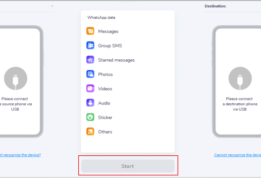 Performing WhatsApp transfer -Start Button Performing WhatsApp transfer -Start Button