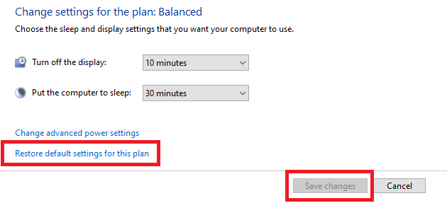 Restore default settings for this plan Restore default settings for this plan