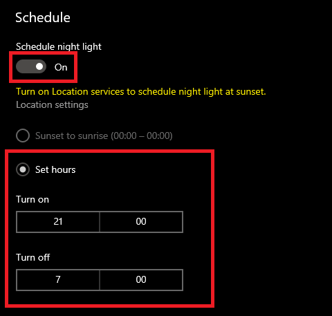 Schedule option of the Night Light Schedule option of the Night Light