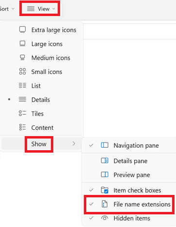 Show and click on File name extensions Show and click on File name extensions
