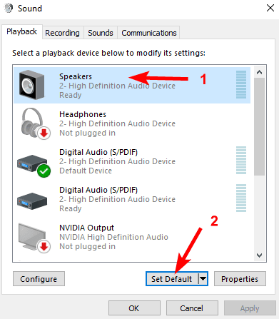 Speakers are not set as the default playback device Speakers are not set as the default playback device
