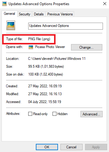 Type of file section Type of file section